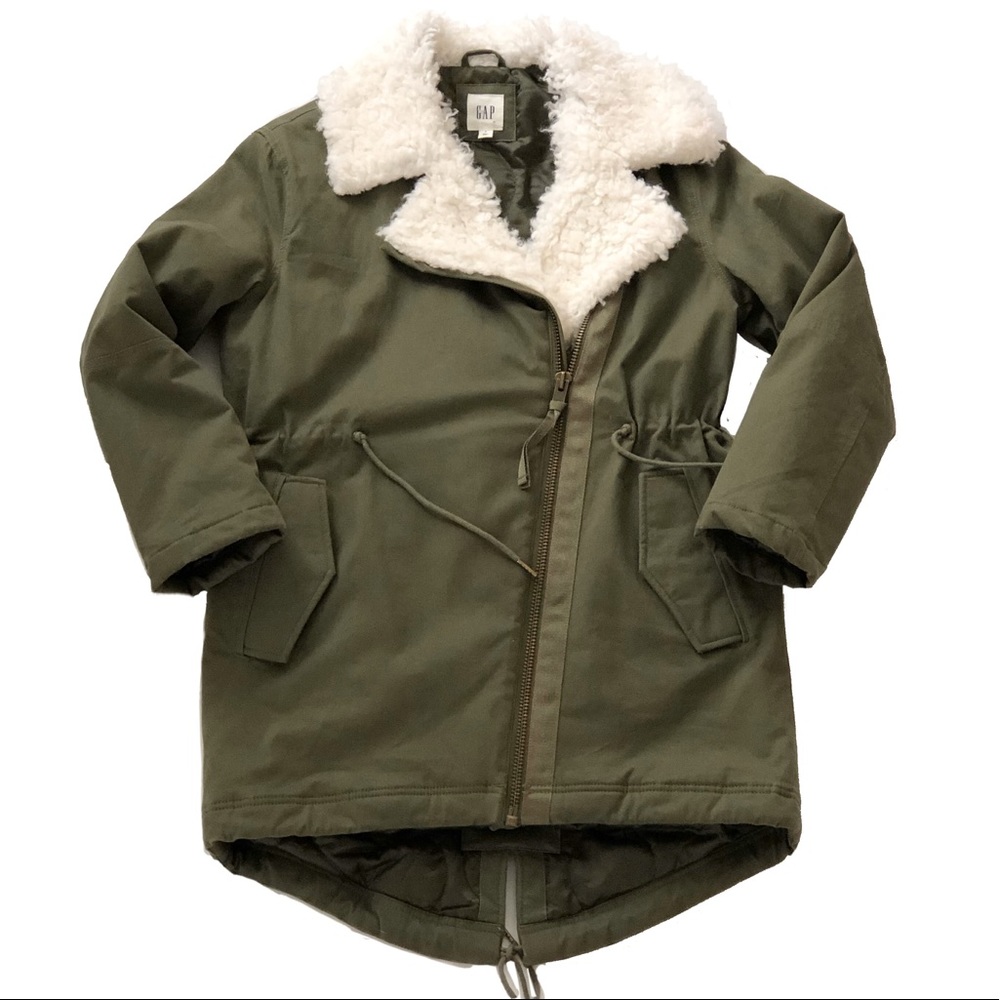 GAP Primaloft Utility Parka Olive Faux Sherpa Trim Size S - Picture 2 of 8